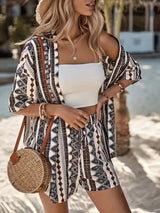 Hana | Damen Kimono-Set Shorts Blumenmuster Sommer – Braun