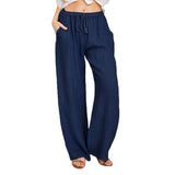Damen nan weite Leinenhose mit elastischem Bund und Tunnelzug Drune – Marineblau