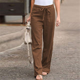Damen nan lässige Leinenmix Weitebein Hose mit Kordelzug Drune – Kaffeebraun