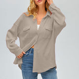 Damen nan oversized Waffelstrick Hemdjacke mit Brusttaschen und Knopfleiste Drune – Apricot