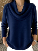 Damen nan fein gestrickter Pullover mit Wasserfallkragen und geripptem Saum Drune – Tiefblau