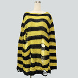 Damen nan Oversized Grobstrickpullover mit breiten Blockstreifen und aufgerissenem Design Drune – Lang Schwarz-Gelb
