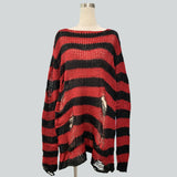Damen nan Oversized Grobstrickpullover mit breiten Blockstreifen und aufgerissenem Design Drune – Langer Schnitt Schwarz-Rot