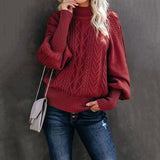 Damen nan Zopfmuster-Strickpullover mit Rollkragen und Ballonärmeln Drune – Weinrot