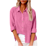 Damen nan oversized Leinen-Baumwollmix Hemdbluse mit Brusttasche und krempelbaren Ärmeln Drune – Fuchsia