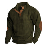 Herren nan rustikaler gerippter Pullover mit Henley-Kragen und lederartigen Ellbogenbesätzen Drune – Militärgrün