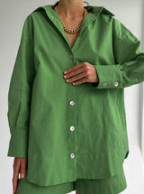 Damen Baumwollset mit Oversized-Bluse und lockerer Hose – Grün