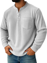 Herren nan thermisches Waffelstrick-Henleyshirt mit Stehkragen Brusttasche und geripptem Komfortschnitt Drune – Weiß