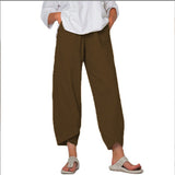 Damen nan lockere Leinenhose mit hohem Bund, Tulpen-Saum und seitlichen Eingrifftaschen Drune – Kaffeebraun