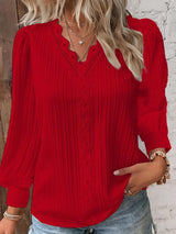 Damen nan romantische V-Ausschnitt Spitzenbluse mit Plissee und Puffärmeln Drune – Rot