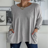 Damen nan oversized Longsleeve-Tunika mit Rundhalsausschnitt, überschnittener Schulter und aufgesetzten Taschen Drune – Grau