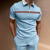 Herren lässiges Kurzarmpoloshirt mit Reißverschluss und sportlichem Streifenmuster Aliams – Hellblau