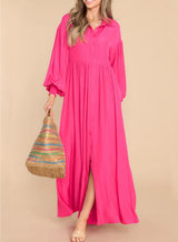Damen Fließendes Button-Up Maxi-Kleid Drune – Dunkelrosa