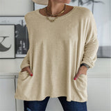Damen nan oversized Longsleeve-Tunika mit Rundhalsausschnitt, überschnittener Schulter und aufgesetzten Taschen Drune – Khaki