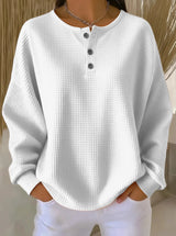 Damen nan Oversized Waffelstrick Henley-Pullover mit Knopfleiste und abgerundetem Saum Drune – Weiß