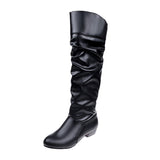 Damen nan knielange Slouch-Stiefel mit weichem Schaft und niedrigem Blockabsatz Drune – Schwarz (niedriger Absatz)
