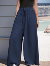 Damen nan weite Palazzo-Hose mit hohem Paperbag-Bund, elastischem Tunnelzug und vorderer Beinschlitz Drune – Marineblau