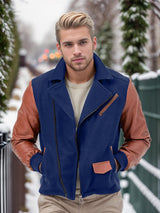 Herren Bikerjacke mit zwei Materialien und praktischen Taschen Aliams – Dunkelblau