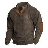 Herren nan grober Rippstrick-Pullover mit Stehkragen, Knopfleiste und markanten Ellenbogenpatches Drune – Kaffeebraun