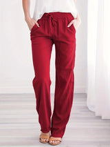 Damen nan leichte Leinenhose mit elastischem Bund Tunnelzug und weitem Bein Drune – Rot
