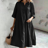 Damen nan locker fallendes A-Linien Kleid mit V-Ausschnitt-Knopfleiste, 3/4-Ärmeln und aufgesetzten Eingrifftaschen Drune – Schwarz