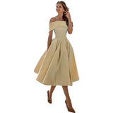 Azrielle – Elegantes schulterfreies Kleid – Khaki