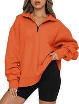 Damen nan oversized Sweatshirt mit halbem Reißverschluss, Stehkragen und überschnittener Schulter Drune – Orange - ohne Tasche
