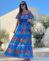 Langes Kleid für Frauen mit geschnürter Taille und Blumendruck - Oralithea – Blau