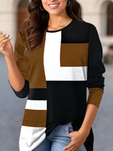 Damen nan geometrisches Colorblock Longsleeve-Tunika-Oberteil mit Rundhalsausschnitt und asymmetrischem Saum Drune – Braun