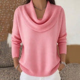 Damen nan fein gestrickter Pullover mit Wasserfallkragen und geripptem Saum Drune – Rosa