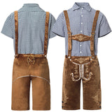 Herren nan traditionelle kurze Trachtenlederhose mit aufwendiger Stickerei und verstellbaren Trägern Drune – Schwarz kariertes Oberteil + braune Hose