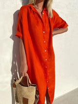 Janie - Elegantes Kleid Mit Knopfverschluss Und Leinen – Rot