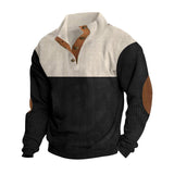 Herren nan grober Rippstrick-Pullover mit Stehkragen, Knopfleiste und markanten Ellenbogenpatches Drune – Apricot + Schwarz