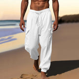 Herren nan luftige Leinen-Mix Strandhose mit Cargo-Taschen und elastischem Saum Drune – Weiß