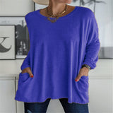 Damen nan oversized Longsleeve-Tunika mit Rundhalsausschnitt, überschnittener Schulter und aufgesetzten Taschen Drune – Blau