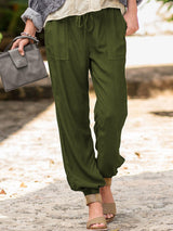 Damen nan lässige Leinenoptik Jogginghose mit Tunnelzug, aufgesetzten Taschen und elastischen Bündchen Drune – Militärgrün