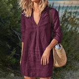 Damen nan Leinen Tunika Kleid mit V-Ausschnitt knielang lockere A-Linie Drune – Weinrot