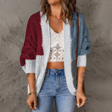 Damen nan lässige Strickjacke im Patchwork-Stil mit offener Front und 3/4-Ärmeln Drune – Weinrot