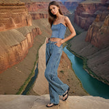 Lässiges Damen Denim Set | Ärmelloses Top & Gerade Hose | Komfort & Stil – Blau