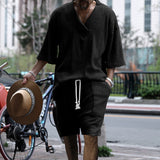 Herren nan lässiges Strick-Set mit V-Ausschnitt, Kurzarm-Oversize und Kordelshorts Drune – Schwarz