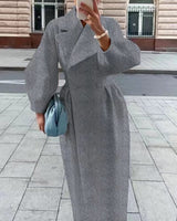 Eleganter langer Damen Trenchcoat – Reverskragen & Laternenärmel – Modern – Grau