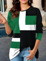 Damen nan geometrisches Colorblock Longsleeve-Tunika-Oberteil mit Rundhalsausschnitt und asymmetrischem Saum Drune – Grün