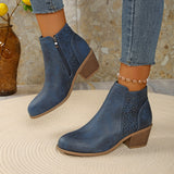 Damen nan knöchelhohe Stiefelette mit Laser-Cut-Perforation, seitlichem Reißverschluss und mittelhohem Blockabsatz Drune – Marineblau