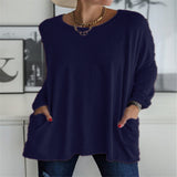 Damen nan oversized Longsleeve-Tunika mit Rundhalsausschnitt, überschnittener Schulter und aufgesetzten Taschen Drune – Marineblau