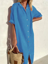 Janie - Elegantes Kleid Mit Knopfverschluss Und Leinen – Blau