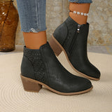 Damen nan knöchelhohe Stiefelette mit Laser-Cut-Perforation, seitlichem Reißverschluss und mittelhohem Blockabsatz Drune – Schwarz