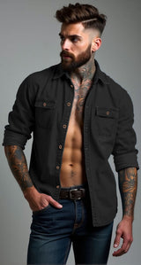 Herren lässige Denim-Hemdjacke mit zwei aufgesetzten Taschen Aliams – Schwarz