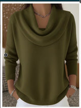 Damen nan fein gestrickter Pullover mit Wasserfallkragen und geripptem Saum Drune – Olivgrün