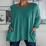 Damen nan oversized Longsleeve-Tunika mit Rundhalsausschnitt, überschnittener Schulter und aufgesetzten Taschen Drune – Pfauenblau