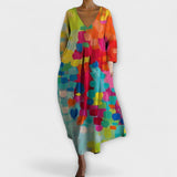 Fiona - Langes, Buntes Kleid mit V-Ausschnitt – Mehrfarbig